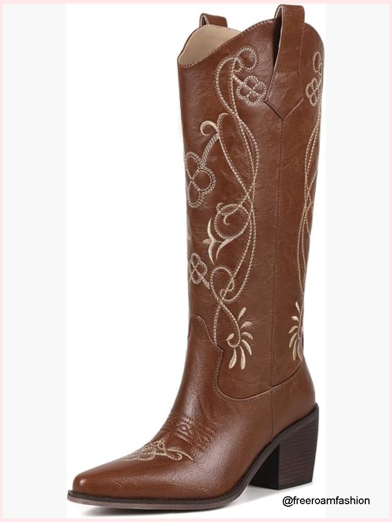 Knee High Wide Calf Cowgirl Boots Pointed Toe Chunky Heel Side Zipper
